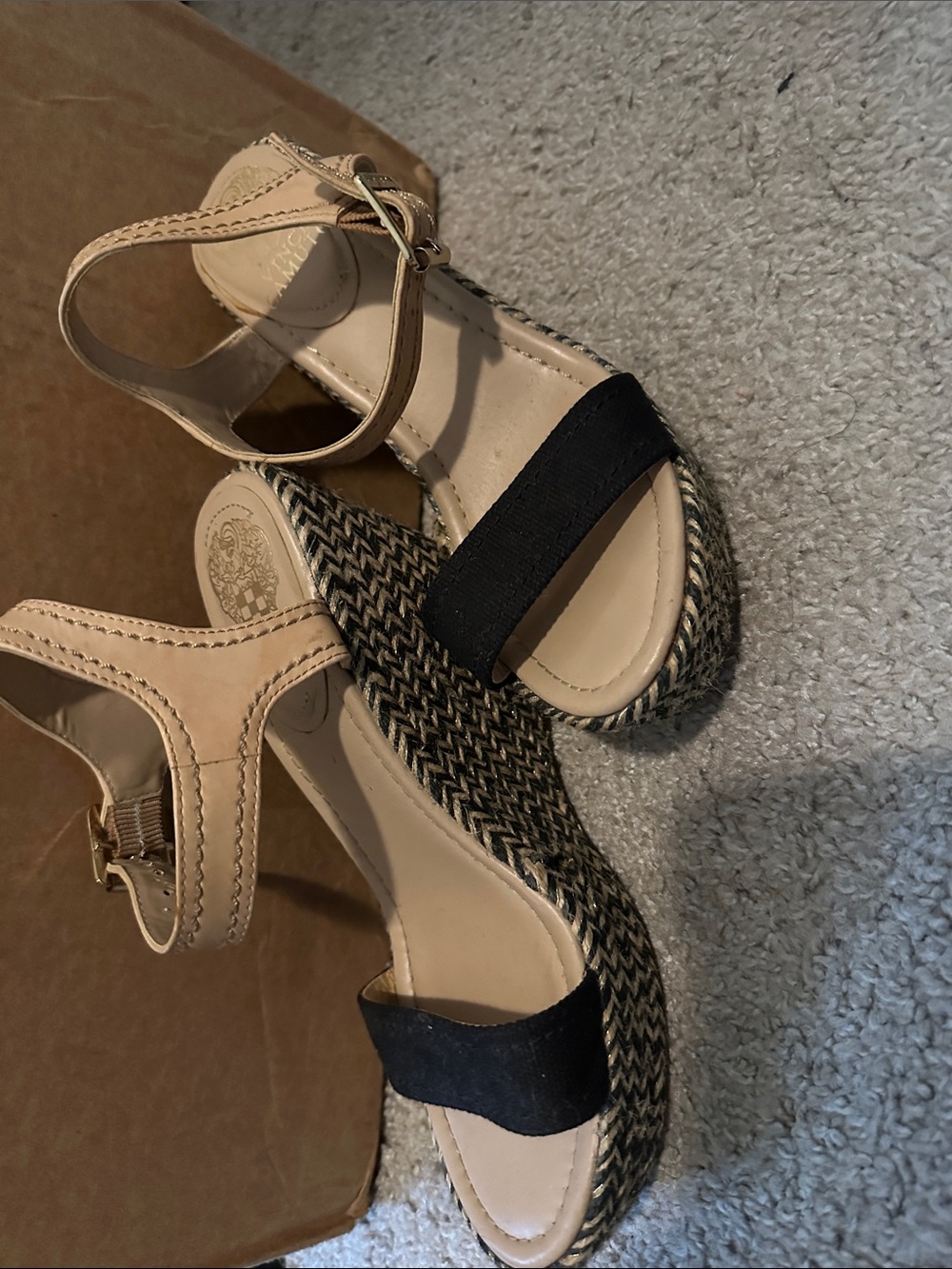 Vince Camuto Beige and Black Woven Wedge Sandals